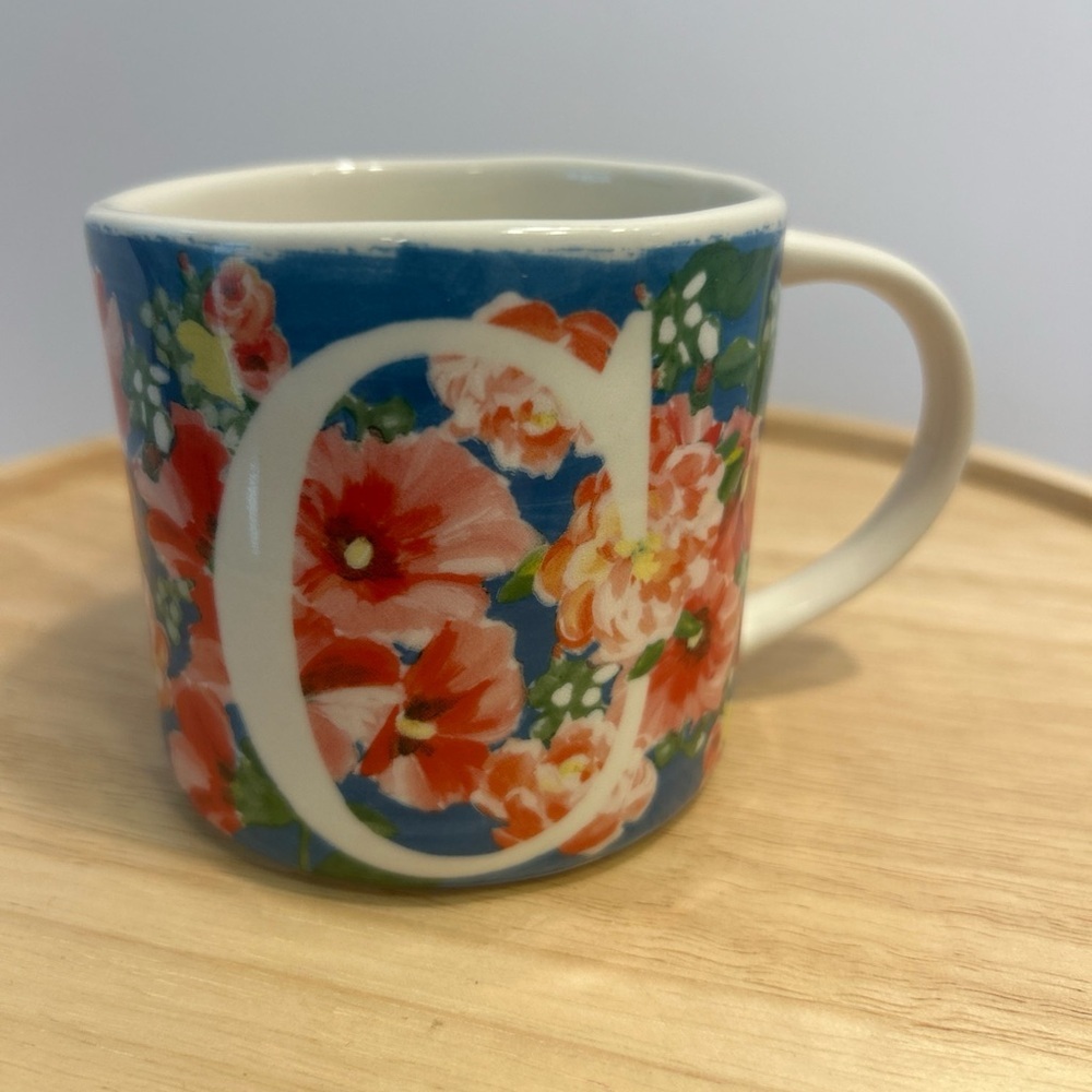 Anthropologie Dawn Monogram Mug Initial C Watercolor Blooms Blue Coral